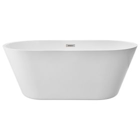 Acrylic Freestanding Bathtub, 59 Inch Contemporary Soaking White Tub with Brushed Nickel Overflow and Drain