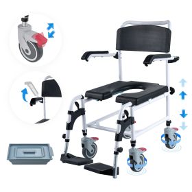 Shower Commode Wheelchair with 4 Lockable Wheels, Footrests, Flip-up Arms, 3-Level Adjustable Height, 5L Removable Bucket, 350 LBS Capacity