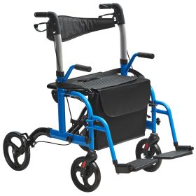 2 in 1 Rollator Walker & Transport Chair for Seniors, Folding Rolling Walker Wheelchair Combo & Footrests (Color: Blue)